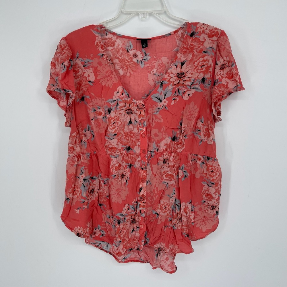 Torrid Women's Coral‎ Pink Floral V-Neck Button Front Peplum Blouse Top Size 0